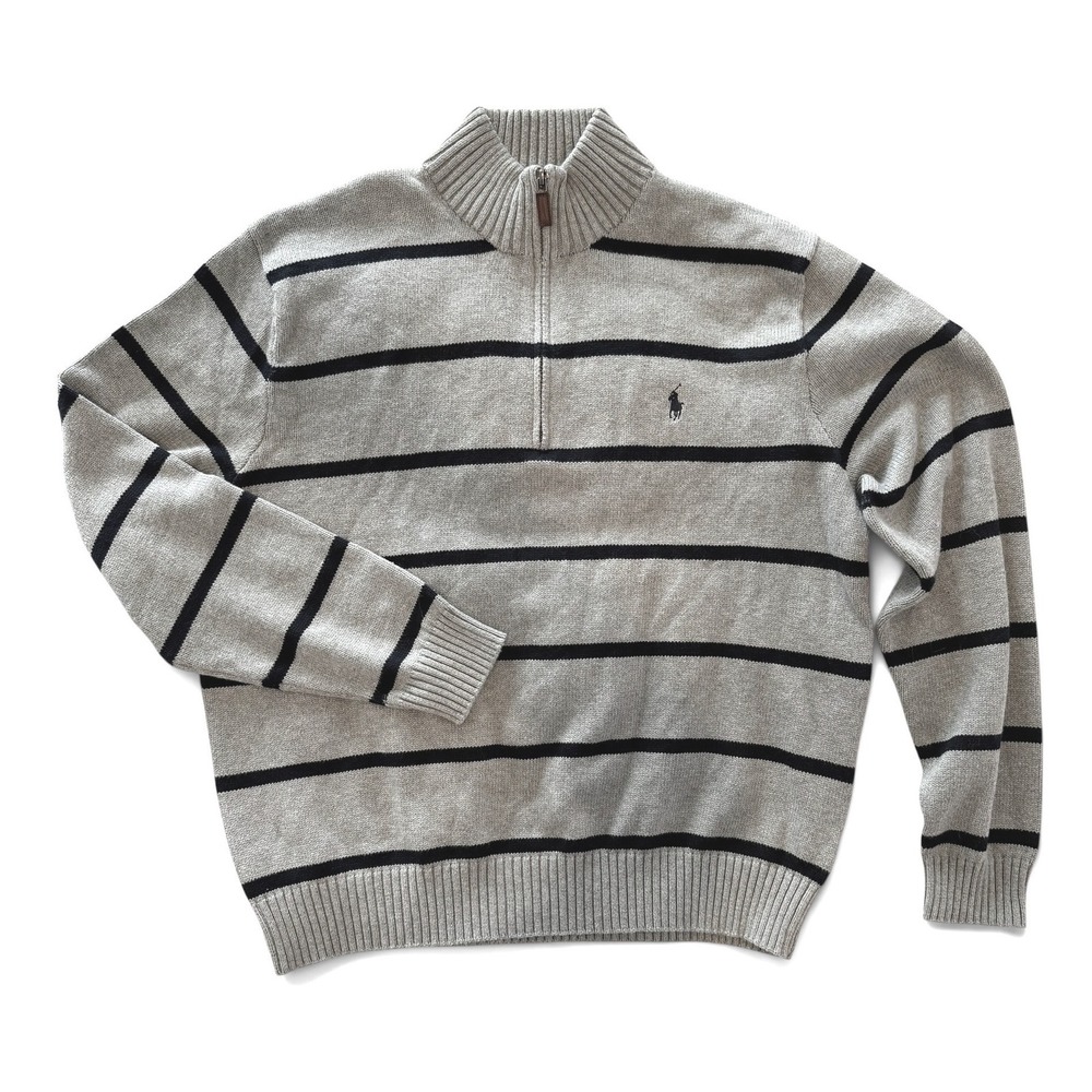 Polo Ralph Lauren Mens XL Grey Navy Striped 1/4 Zip Cotton Sweater Pony Logo